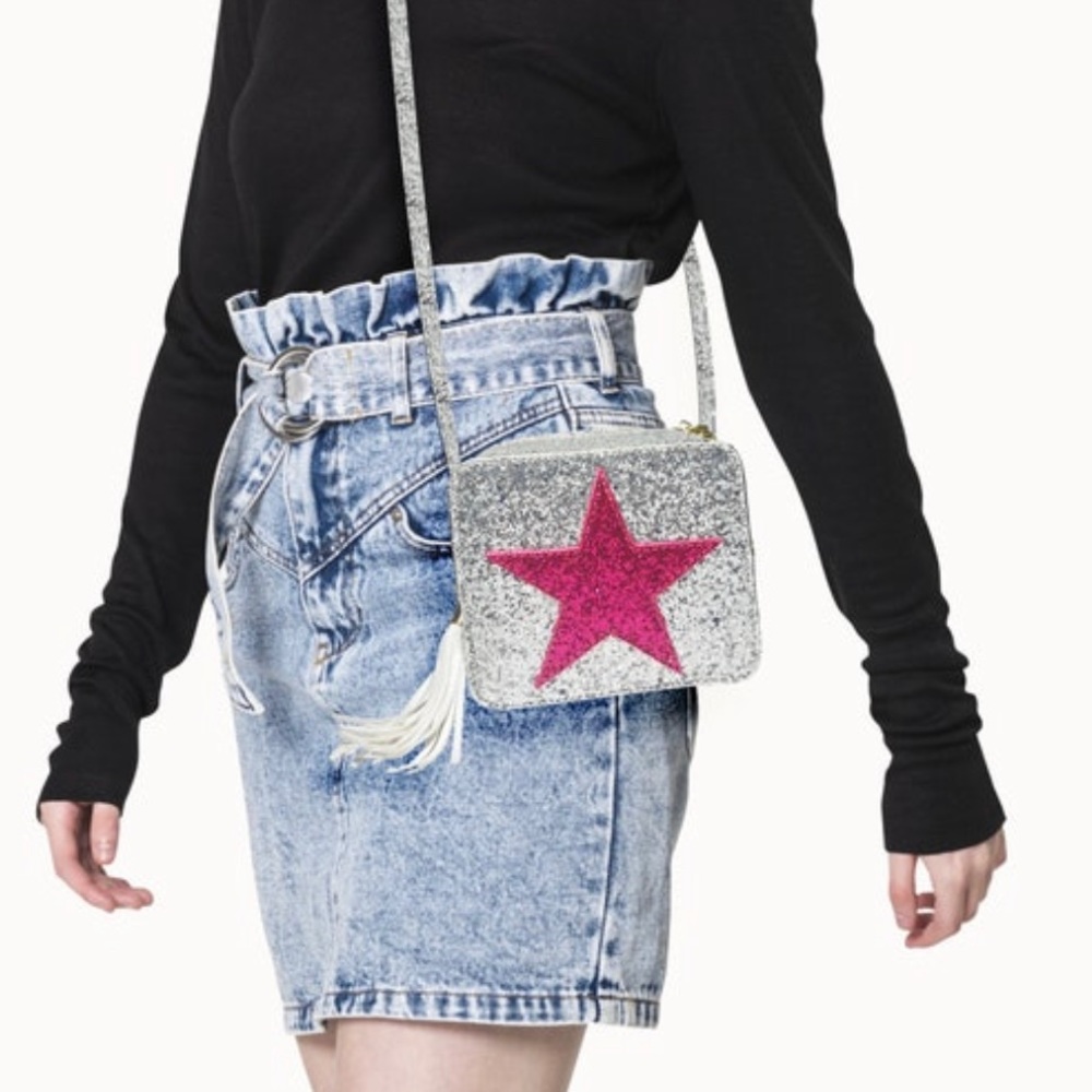NEW PREPPY SILVER GLITTER PINK STAR CROSSBODY HANDBAG GOOSE TEEN GOLDEN